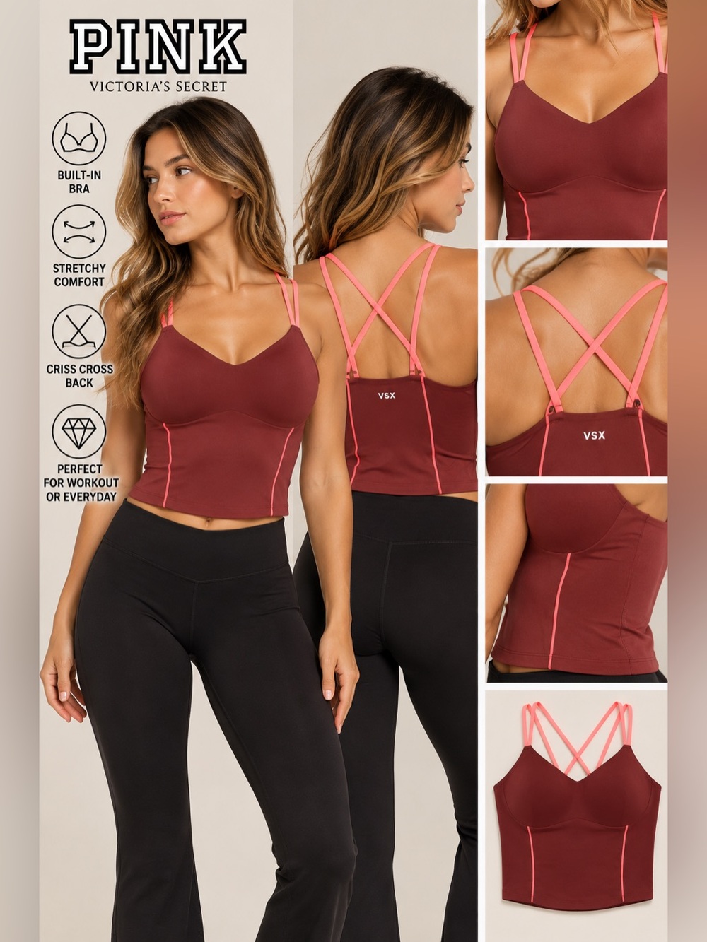 Victoria's Secret Maroon Longline Bralette with Neon Pink Straps sz Xl NWT